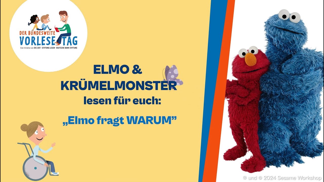 Der Bundesweite Vorlesetag 2024: Das Krümelmonster liest Elmo aus "Elmo fragt warum" vor